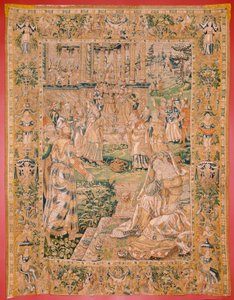 Tapeçaria flamenga. Série O Livro de Judite. Judith mostra a cabeça de Holofernes (Judith muestra la cabeza de Holofernes). A nona tapeçaria da série. Fabrico Holanda, Bruxelas(?). Segunda metade do século XVI. Lã de tecido. Localização Igreja de Saint de Flemish School