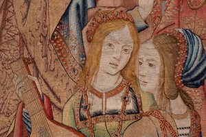 Tapeçaria flamenga. Série A História de David e Betsabá. O Profeta Nathan repreende o Rei David (El profeta Natán reprende a David). Terceiro painel da série. Modelo Anónimo. Manufactura Desconhecida, Bruxelas. 1505. Tecido Ouro, seda e lã. de Flemish School