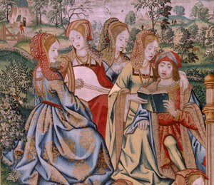 Tapeçaria flamenga. Série A História de David e Bathsheba. Bathseba no seu banho (Betsabé en el baño sorprendida por David). Primeiro painel da série. Modelo Anónimo. Fabrico Desconhecido, Bruxelas de Flemish School