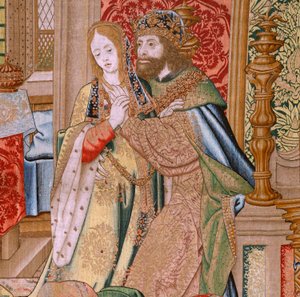 tapeçaria flamenga. Série A História de Davi e Bate-Seba. Casamento de David e Bate-Seba (Casamiento de David y Betsabé). Segundo painel da série. Modelo Anônimo. Fabricação Desconhecida, Bruxelas. 1505. Tecido Ouro, seda e lã. de Flemish School