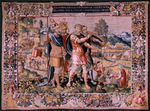 Tapeçaria flamenga. Série A História de Hannibal. A travessia dos Alpes (Paso de los Alpes). A segunda tapeçaria dos preservados. Modelos Anónimos mestre dos Países Baixos. Fabrico de Bruxelas, oficina. Ca 1570. Tecido Lã e seda, 6,5/7 urdiduras por de Flemish School