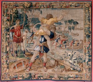 Tapeçaria flamenga. Série The Labours of Hercules. Hércules e Antaeus (Hércules y Anteo). Quarta tapeçaria da série existente; Modelo Desconhecido. Fabrico Willem Dermoyen, Bruxelas. Ca 1528. Seda de tecido e lã. Tamanho 362 x 403 cm. Localização Palácio R de Flemish School