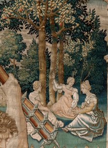 tapeçaria flamenga. Série Os Trabalhos de Hércules. Hércules no Jardim das Hespérides (Hércules en el jardín de las Hespérides). Quinta tapeçaria na série existente. Modelo Desconhecido. Manufatura Willem Dermoyen, Bruxelas. Ca 1528. Tecido Seda e lã. de Flemish School