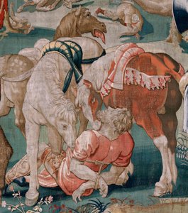 tapeçaria flamenga. Série Os Trabalhos de Hércules. Os Cavalos de Diomedes (Los caballos de Diomedes). Terceira tapeçaria da série existente. Modelo Desconhecido. Manufatura Willem Dermoyen, Bruxelas. Ca1528. Tecido Seda e lã. Tamanho 350 x 400 cm. Localiz de Flemish School