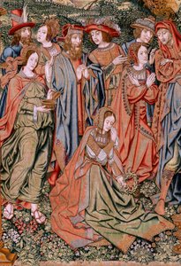 Tapeçaria flamenga. Série A Paixão de Cristo. A Descendência da Cruz (Descendimiento). A segunda série de tapeçaria da Paixão de Cristo pertencente ao Patrimonio Nacional. Modelos cartoonistas do círculo de Jan van Roome. Fabrico Pieter va de Flemish School