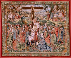 tapeçaria flamenga. Série A Paixão de Cristo. A Descida da Cruz (Descendimiento). A segunda série de tapeçaria da Paixão de Cristo pertencente ao Patrimonio Nacional. Cartunistas modelo do círculo de Jan van Roome. Fabricação Pieter va de Flemish School