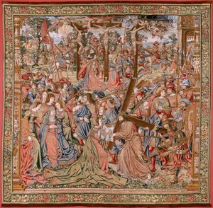 Tapeçaria flamenga. Série A Paixão de Cristo; O caminho para o Calvário e o encontro com Verónica (Camino del Calvario y encuentro con la Verónica). Primeira tapeçaria das que são conservadas pelo Património Nacional. Modelos cartoonistas do círculo de Jan de Flemish School