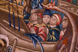 Tapeçaria flamenga. Série The Portugese in india: A Chegada a Calicut (De Aankomst em Calicut, Llegado de Vasco de Gama a Lisboa). Ca 1510. Colecção Caixa Geral de Depósitos, Lisboa. Detalhe. de Flemish School