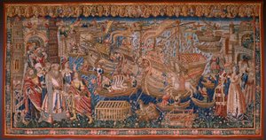 Tapeçaria flamenga. Série The Portugese in india: A Chegada a Calicut (De Aankomst em Calicut, Llegado de Vasco de Gama a Lisboa). Ca 1510. Colecção Caixa Geral de Depósitos, Lisboa. de Flemish School
