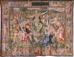 Tapeçaria flamenga. Série As Sete Virtudes. Justiça (La Justicia). Modelo baseado em Michiel Coxcie. Fabrico em Bruxelas. Fabrico por Frans Geubels. Ca 1560-1570. Seda de tecido e lã. Tamanho 330 x 450 cm. Localização Catedral de Burgos. Origem Um legado a de Flemish School