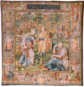 tapeçaria flamenga. Série As Sete Virtudes. Temperança (La Templanza). Modelo baseado em Michiel Coxcie. Fabricação Bruxelas. Fabricação por Frans Geubels. Ca1560-1570. Tecido Seda e lã. Tamanho 330 x 320 cm. Localização Catedral de Burgos. Origem A legado de Flemish School