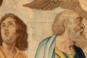 Tapeçaria flamenga. Série O Triunfo da Eucaristia. Os quatro evangelistas (Los cuatro evangelistas). A décima primeira tapeçaria da série. O modelo Peter Paul Rubens. 1626-1628. Fabricação Jan II Raes, Hans Vervoert, Jacques Fobert, Bruxelas de Flemish School