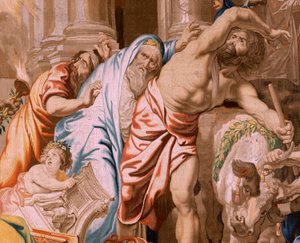 Tapeçaria flamenga. Série O Triunfo da Eucaristia. A vitória da Eucaristia sobre os sacrifícios pagãos (Victoria de la Eucaristía sobre los sacrificios paganos). A quarta tapeçaria da série. O modelo Peter Paul Rubens. 1626-1628. Fabrico Jan II Raes, Jac de Flemish School