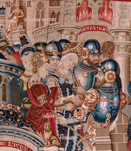 tapeçaria flamenga. Série A Guerra de Tróia. A Destruição de Tróia (Destrucción de Troya). Décima primeira tapeçaria da série. Modelo Coëtivy Master (Henry ou Conrard de Vulcop). Fabricar oficinas de Tournai. Ca 1470. Tecido Lã e seda, 6/7 teias por cm. de Flemish School