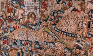 tapeçaria flamenga. Série A Guerra de Tróia. A Destruição de Tróia (Destrucción de Troya). Décima primeira tapeçaria da série. Modelo Coëtivy Master (Henry ou Conrard de Vulcop). Fabricar oficinas de Tournai. Ca 1470. Tecido Lã e seda, 6/7 teias por cm. de Flemish School