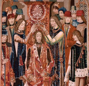 tapeçaria flamenga. Série Desconhecida. história romana? Tarquínio Prisco (Tarquino Prisco). Fabricar oficinas de Bruxelas?. Ca 1475. Tecido Lã e seda, 6 teias por cm. Origem Doação do Conde Alba de Aliste, chegou à catedral em 1608. ; Localização de Flemish School
