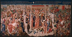 Tapeçaria flamenga. Série Desconhecida. História romana? Tarquinius Priscus (Tarquino Prisco). Fabrico de oficinas de Bruxelas... Ca 1475. Lã e seda de tecido, 6 urdiduras por cm. Origem Uma doação do Conde Alba de Aliste, chegou à catedral em 1608. ; Loca de Flemish School