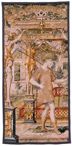 tapeçaria flamenga. Série Vertumnus e Pomona. No II Vertumnus transformado em agricultor (Vertumno y Pomona II Vertumno transformado em agricultor) no1 parte esquerda. Modelos Circle de Pieter Coecke Van Aelst e Léonard Thiry. Atelier desconhecido, Bruxela de Flemish School