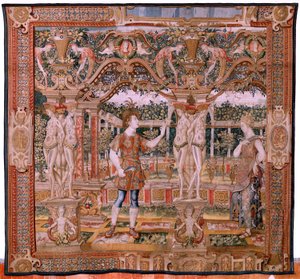 Tapeçaria flamenga. Série Vertumnus e Pomona. Não IV Vertumno transformado em podador (Vertumno y Pomona IV (Vertumno transformado em podador). Modelos Círculo de Pieter Coecke Van Aelst e Léonard Thiry. Atelier desconhecido, Bruxelas. Ouro, seda e lã. B de Flemish School