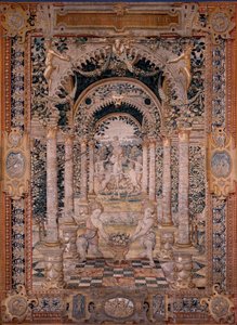 tapeçaria flamenga. Série Vertumnus e Pomona. Sétima tapeçaria da série; Vertumnus transformado em pescador (parte central). Modelos Circle de Pieter Coecke Van Aelst e Léonard Thiry. Fabricação Oficina desconhecida, Bruxelas. Antes de 1550. Fabric Go de Flemish School