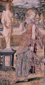 Tapeçaria flamenga. Série Vertumnus e Pomona. Vertumno transformado em colhedora (Vertumno transformado em segador). Primeira tapeçaria da série. Modelo Círculo de Pieter Coeck van Aelst. ; Fabrico Wilhelm Pannemaker, Bruxelas. Ca 1545-1550. Tecido de Flemish School