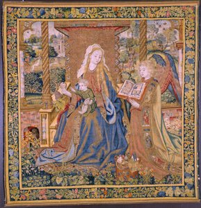 tapeçaria flamenga. A Virgem com o Menino e os anjos (A Virgem com o Menino e um Anjo, Maria conheceu Kind in engelen). Aproximadamente de Flemish School