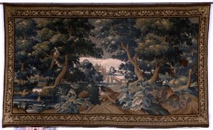 Tapeçaria flamenga. Verdure. Cena de amor. Oudenaarde. Fim do século XVII - início do século XVIII. Propriedade da igreja Sint-Walburgakerk Oudenaarde (Dekenij van de Sint-Walburga). Detalhe de Flemish School