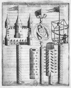 Como definir fogos de artifício, ilustração de Tratado de Artilleria por Diego Ufano, Bruxelas, 1613 de Flemish School