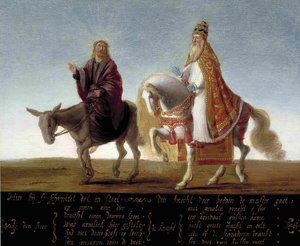 ""Jesus representado em um burro ao lado do papa ricamente vestido em um cavalo"" Caricatura luterana contra o papa - pintura anônima