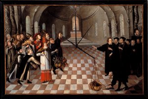 ""A pesagem das religiões"" Caricatura luterana contra a religião católica, representada à esquerda, opulenta colocando sua riqueza na balança, mas derrotada pela fé protestante à direita cuja única Bíblia pesa mais - Pintura anônima de Flemish School