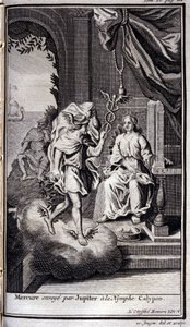 Mercúrio enviado por Júpiter para a ninfa Calipso. Ilustração do livro V da Odisseia de Homero, na Odisseia, publicado em Amsterdã em 1731, Coleção privee Milan. de Flemish School