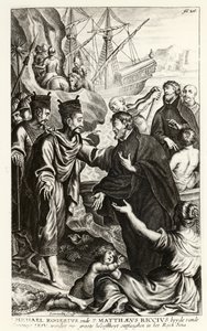 Michael Rogerius (1543-1607) e Matthaeus Riccius (1552-1610) chegando na costa da China, ilustração de uma história da Igreja por P. Cornelius Hazart, publicada em Antuérpia, 1668 de Flemish School