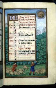Ms 1058-1975 f.11r Herding Swine and Beating Oaks, página de calendário iluminada para Novembro, de um Livro de Horas, c.1500 (vellum) de Flemish School