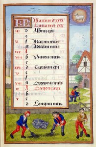 Ms 1058-1975 f3r Digging e Tree Planting, página de calendário iluminada para março, de um livro de horas, c.1500 de Flemish School