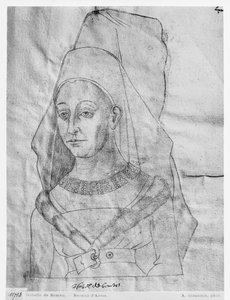 Senhora 266 fol.63 Isabella de Bourbon, condessa de Charolais, segunda esposa de Charles o Negrito, Conde de Charolais e Duque de Borgonha, de Le Recueil dArras (giz vermelho no papel) de Flemish School