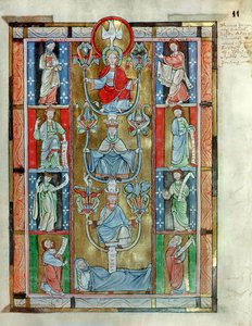 MS 340 fol.11r A árvore de Jesse, as virtudes da Santa Cruz por Rabanaus M. (c.780-856) de Abbey Anehin de Flemish School