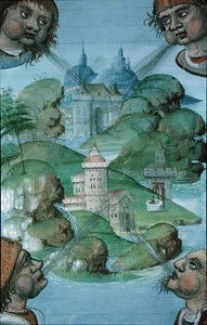 Sra. Hunter 9 f.47v Quatro ventos soprando nos cantos de uma paisagem de camisa de mar, de 