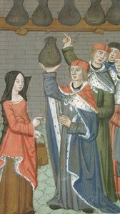 Ms Hunter 9 f.84r Mulher com cesto trazendo urinalis magnus, de De Medina Fen I. II, de Avicena (980-1037) de Flemish School
