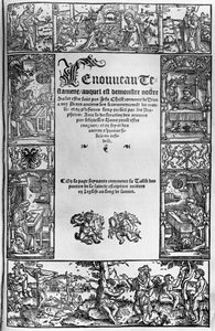 Novo Testamento Título Página de uma tradução francesa por Jacques Lefevre dEtaples (1450 -1537) publicado em Antuérpia em 1531 de Flemish School