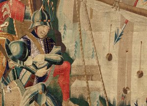 Museu Paroquial das Tapeçarias (Museu Paroquial das Tapeçarias de Pastrana). tapeçaria flamenga. O desembarque em Arzila (O desembarque em Arzila, Desembarco e Arzila). Série Conquistas do Rei Afonso I de Portugal (Conquistas do Rei Afonso V de Portugal).  de Flemish School