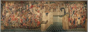 Museu Paroquial de tapeçarias (Museo Parroquial de Tapices de Pastrana). Tapeçaria flamenga. Conquista de Tanger (Toma de Tánger, De inname van Tanger). Série Conquistas de Alfonso I de Portugal (Conquistas de Alfonso V de Portugal). Tournai. Lã e seda de Flemish School