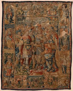 Museu Paroquial de tapeçarias (Museo Parroquial de Tapices de Pastrana). Tapeçaria flamenga. O jovem Alexandre ao seu pai Filip (El joven Alejandro ante su padre Filipo). Bruxelas. Século XVI. 328x407cm. de Flemish School