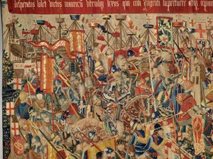 Museu Paroquial de tapeçarias (Museo Parroquial de Tapices de Pastrana). Tapeçaria flamenga. Toma de Arcila (Toma de Arcila, Asalto de Arcila, De inname van Arzila). Série Conquistas do rei Afonso I de Portugal (Conquistas de Alfonso V de Portugal). Tourna de Flemish School