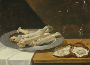 Porcos Knuckles em um prato de estanho com ostras e copos de vinho sobre uma mesa drapeada, c.1630 de Flemish School