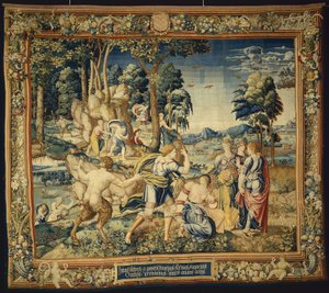 Pomona Surpreendido por Vertumnus e outros pretendentes, de A história de Vertumnus e Pomona, 1535-40 de Flemish School