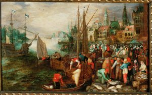 Porto e mercado de Antuérpia (óleo sobre madeira de carvalho) de Flemish School