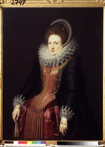 "Retrato de uma senhora com um leque, uma senhora de condição rica, vestindo um morango e um vestido bordado. Pintura da escola flamenga por volta de 1610. Museu Pushkin, Moscovo de Flemish School