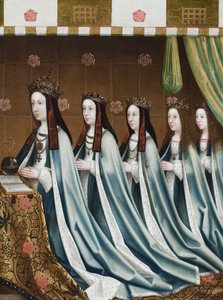 Retratos de Isabel de York, rainha de Inglaterra, com as suas quatro filhas, Margarida, Isabel, Maria e Catarina, c.1510 (óleo sobre tela) de Flemish School