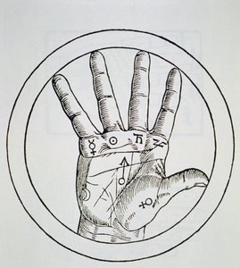 Posição dos Planetas na Mão Direita, cópia de uma ilustração de De Occulta Philosophia Libri III, de Henricus Cornelius Agrippa, Antuérpia, 1533, usada em uma História da Magia, publicada no final do século XIX. de Flemish School