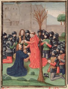 Roy 15 E I f.98v A descoberta da lança com que Cristo foi trespassado, de Estoire d